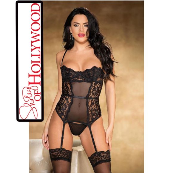 Shirley Of Hollywood Demi Shelf Bustier Basque Garter Lace & Mesh Sz 34 - Picture 1 of 6